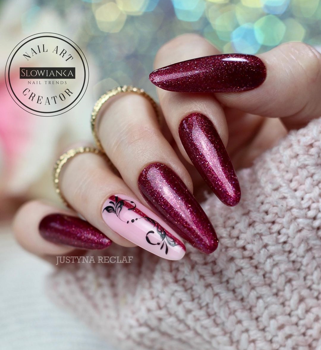 Long Glitter Burgundy Nails with Floral Design on Accent Nail