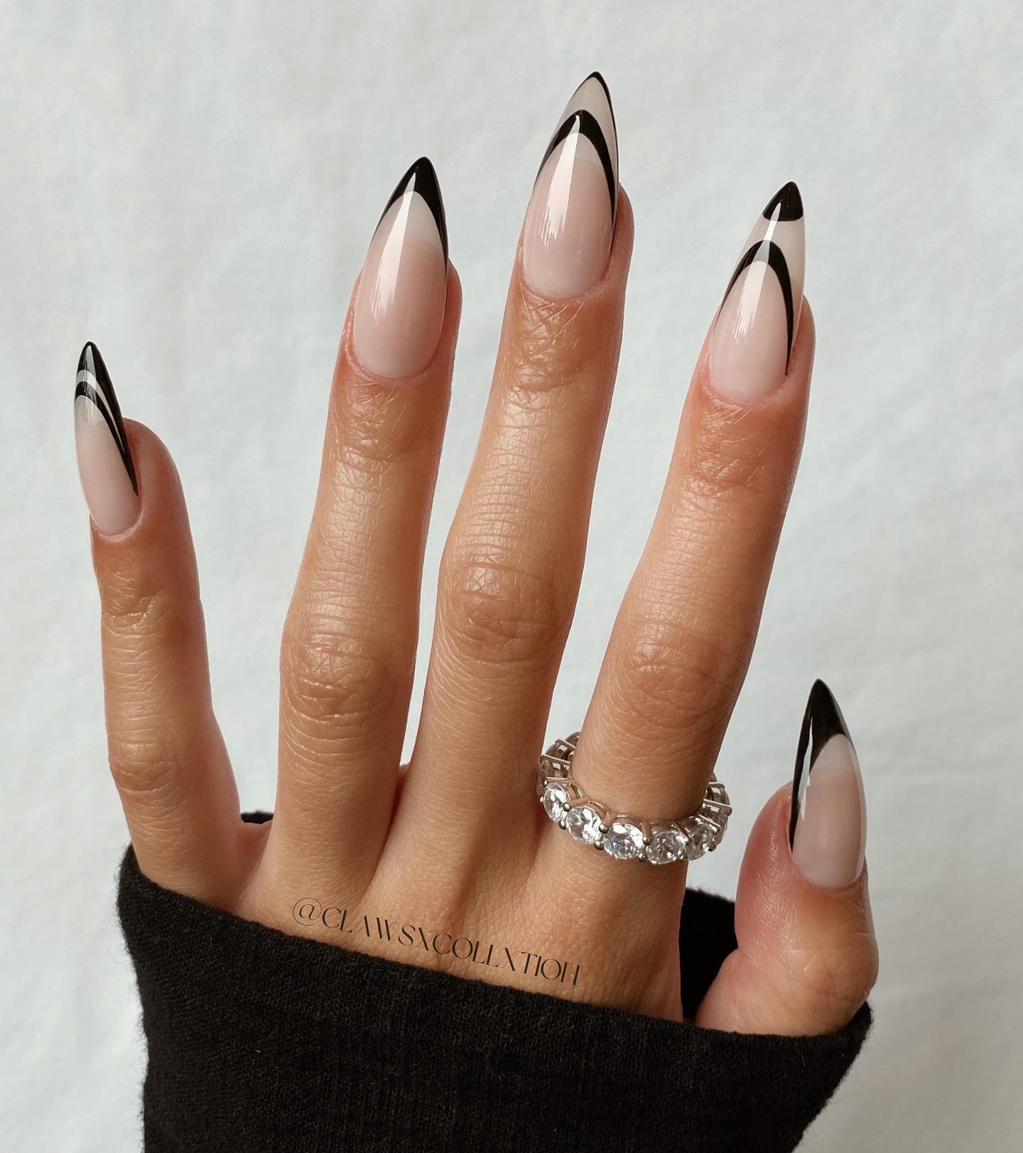 Long Stiletto Black and White French Nails