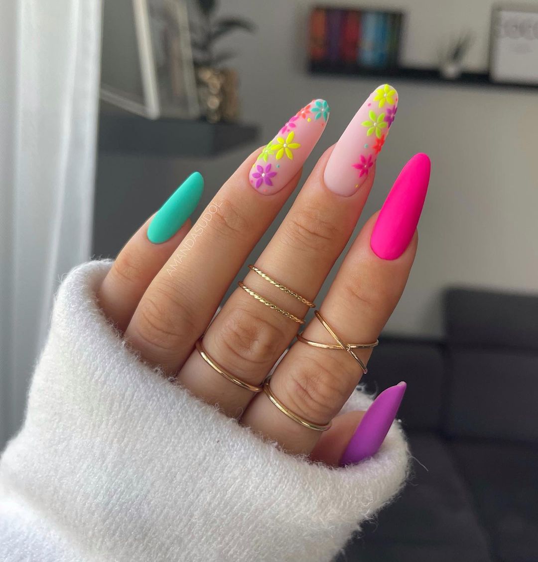 Neon Matte Nails with Summer Floral Design