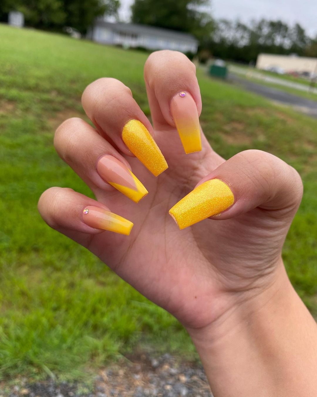 Yellow and nude nail pattern for upbeat and happy personality