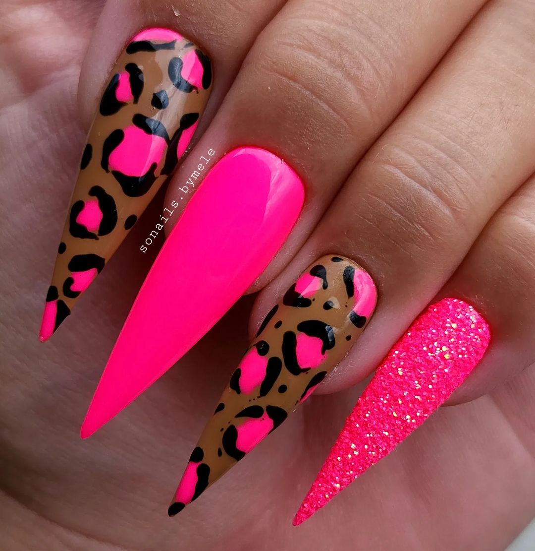 Bright Pink Stiletto Nails with Leopard Print