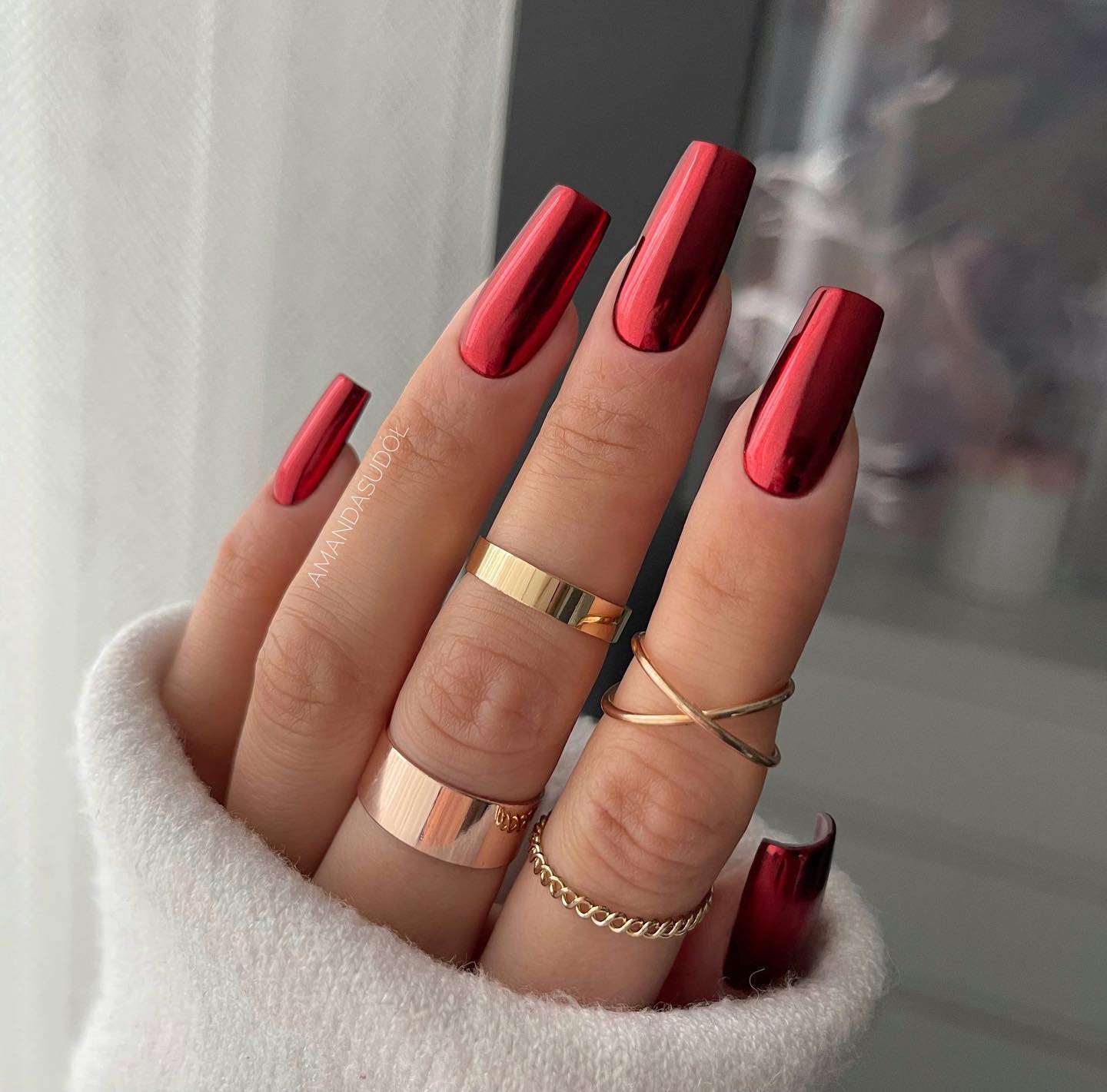 Long Square Chrome Dark Red Nails