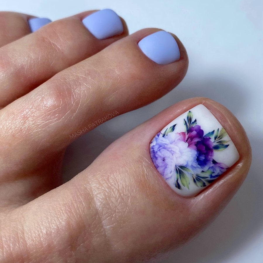 Purple Toe Nails with Floral Design on Big Nail