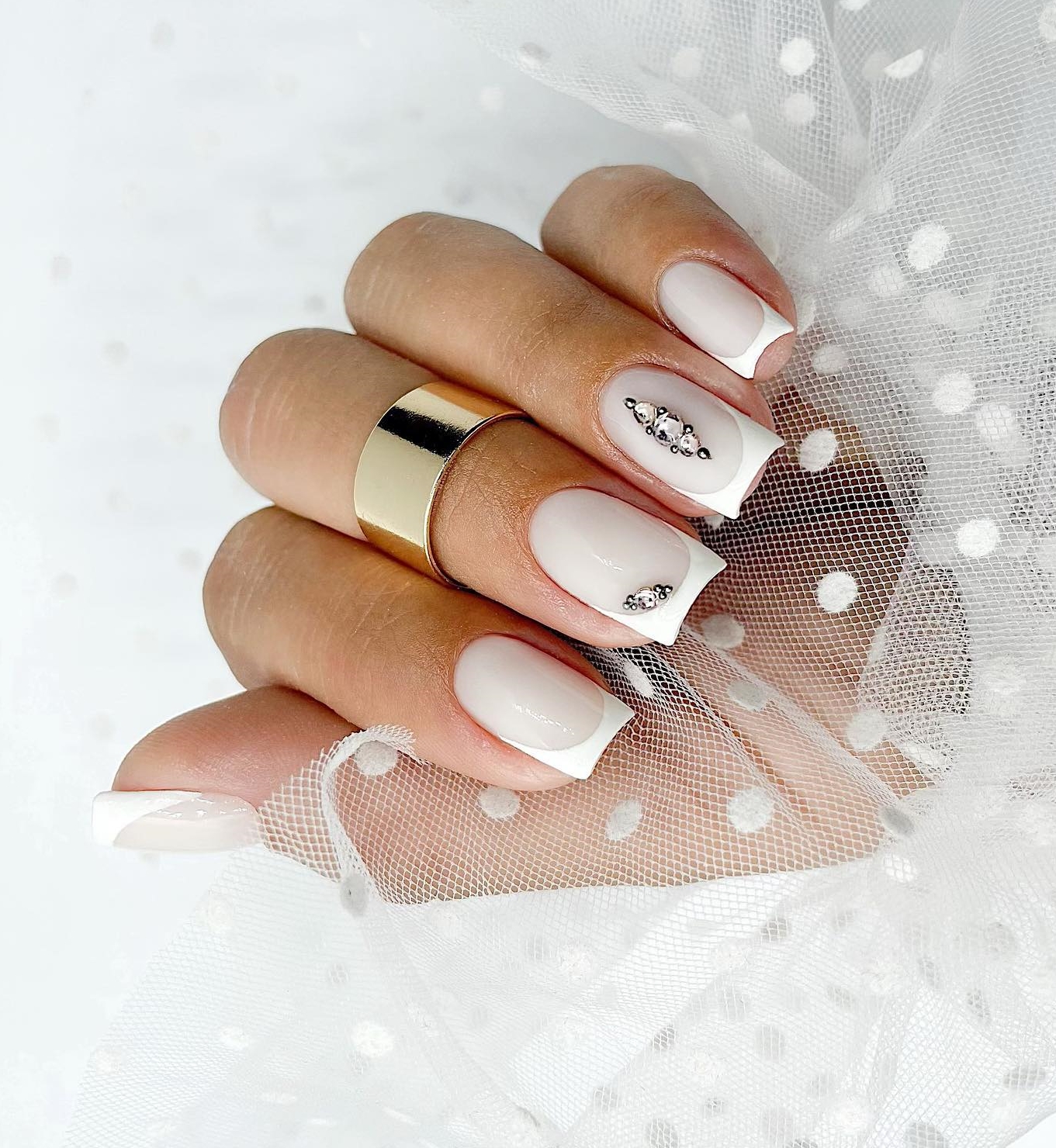 Short Square French Nails with Diamonds