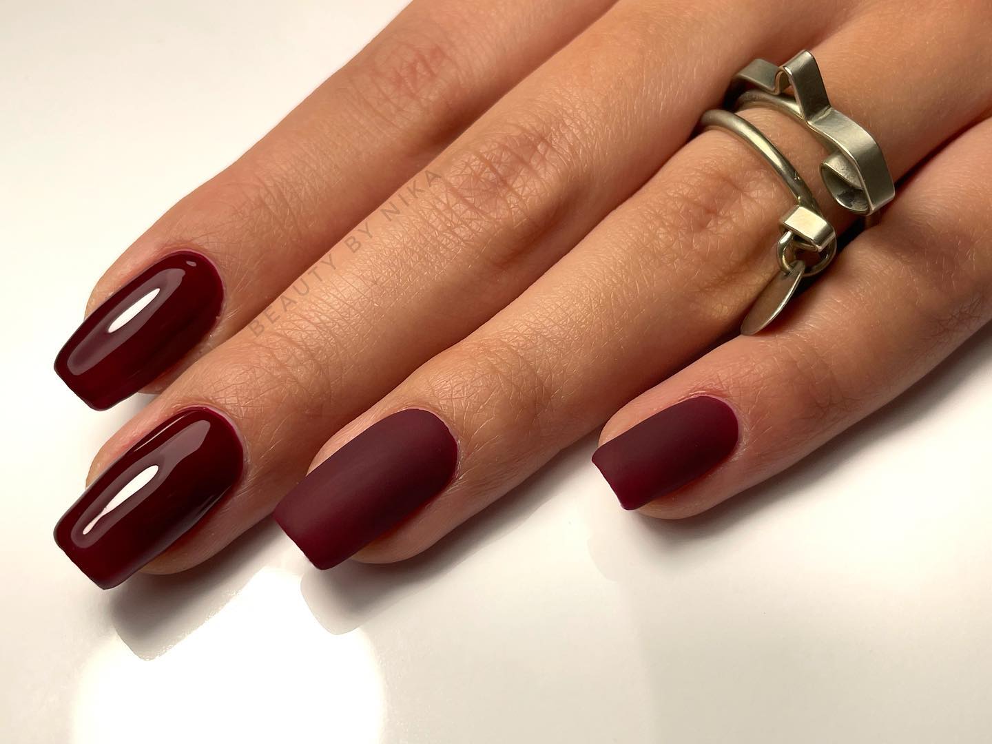 Square Matte and Glossy Burgundy Nails
