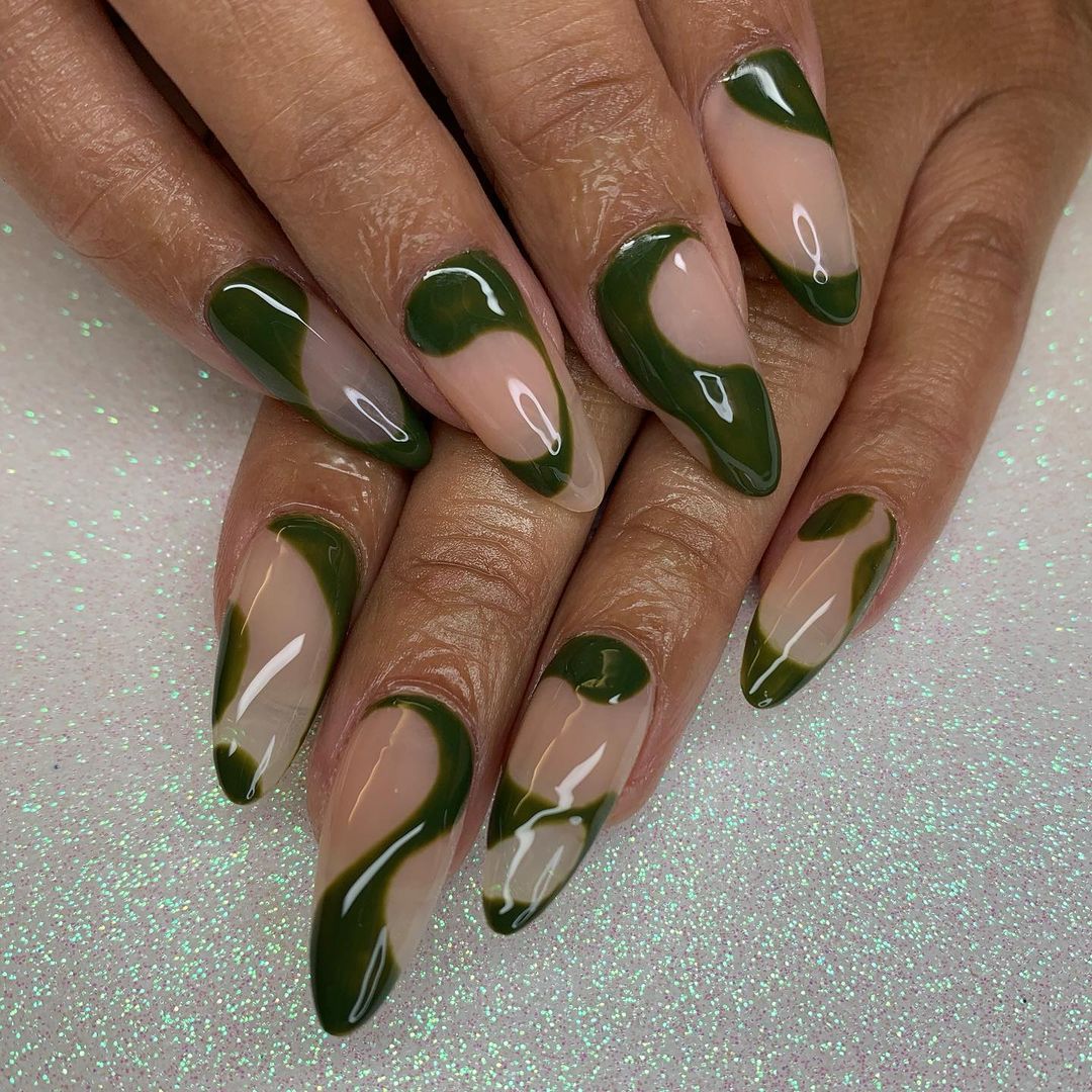Nature-inspired green and nude nail design