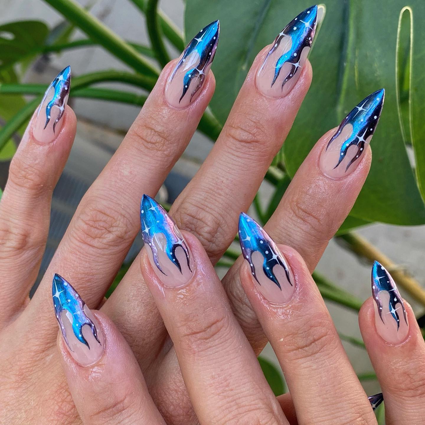 Long Nails with Chrome Blue Flame Design
