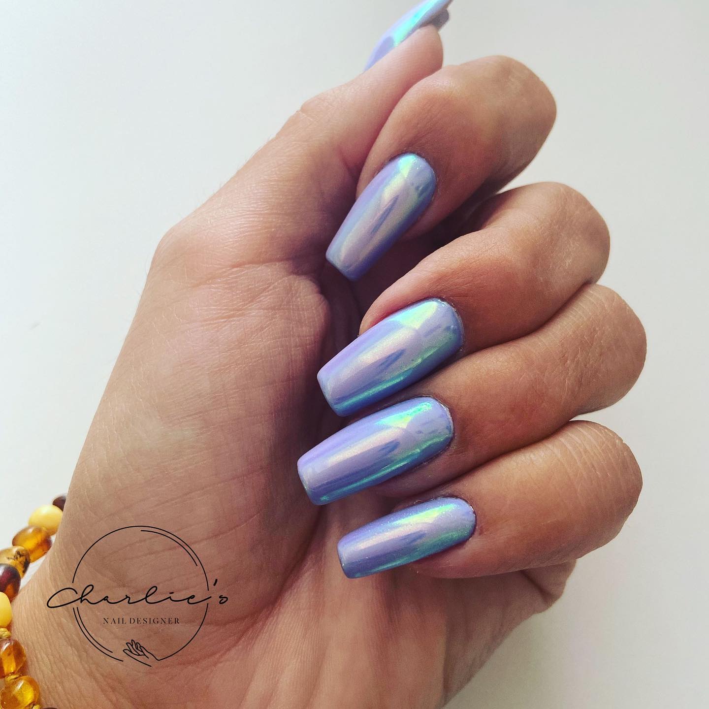 Long Square Chrome Light Blue Nails