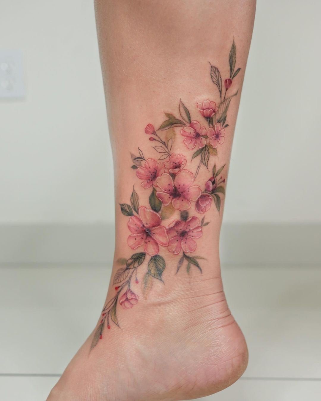 Color Cherry Blossom Tattoo on Ankle