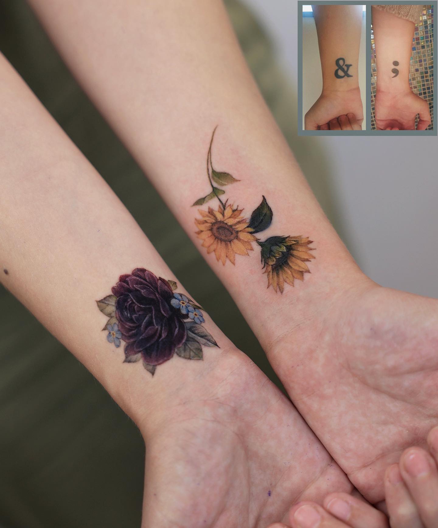 Dark Purple Rose and Sunflower Tattoo on Wrists