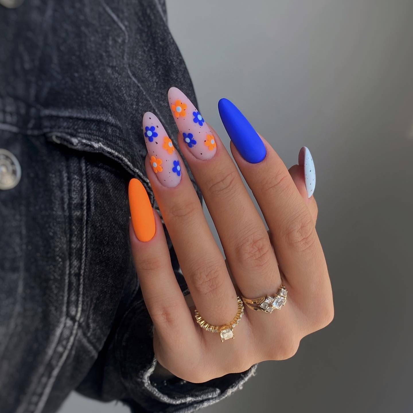 Long Orange and Blue Matte Nail Combo