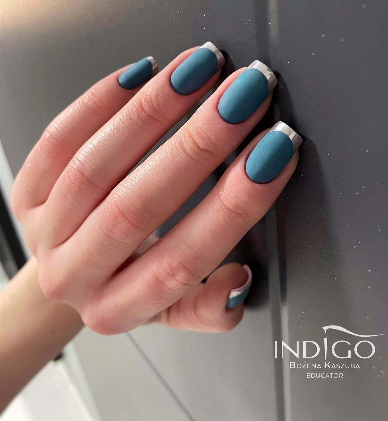 Short Square French Nails with Metallic Tips