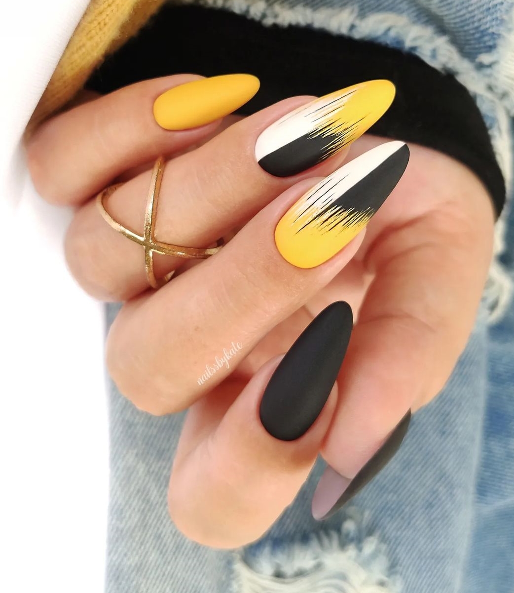 Black Yellow and White Matte Nail Design