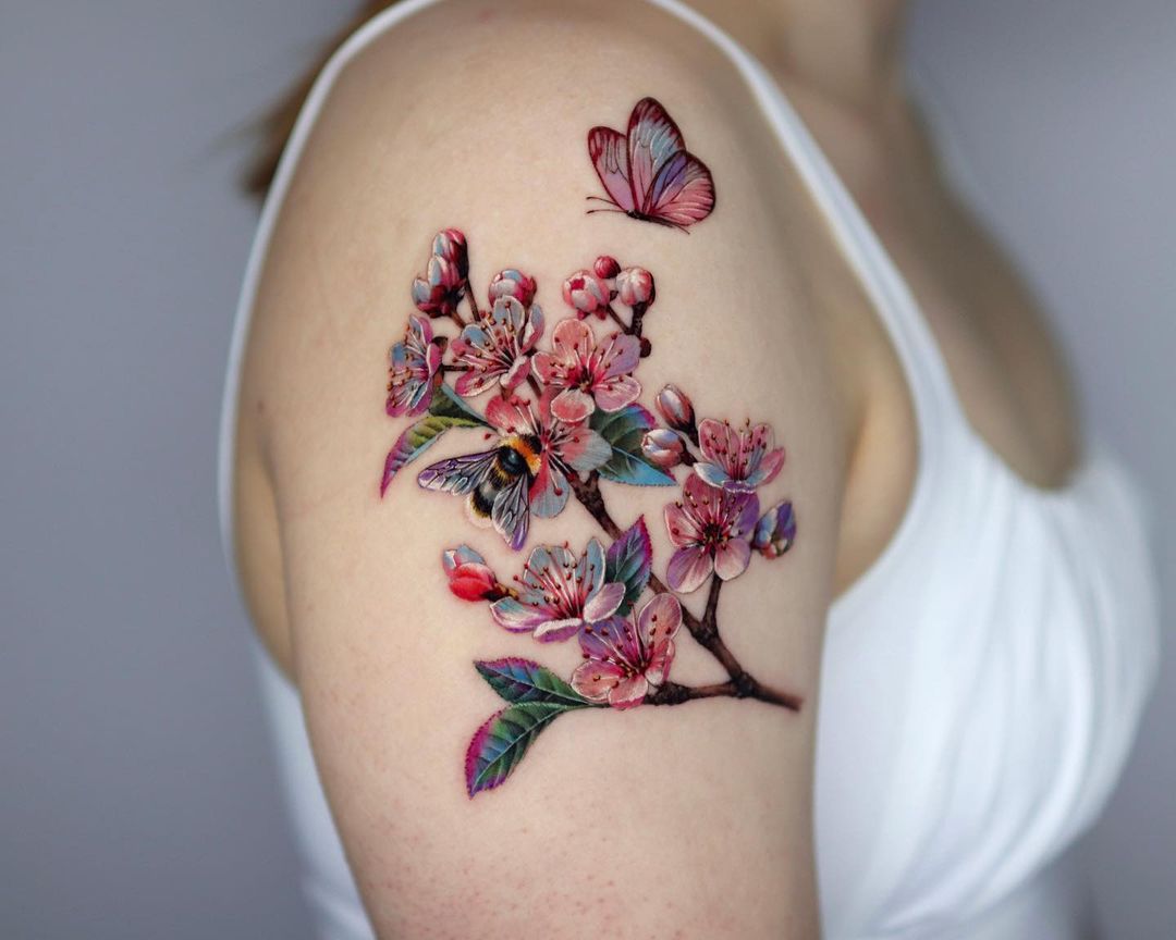 Color Cherry Blossom Tattoo with Butterfly on Shoulder