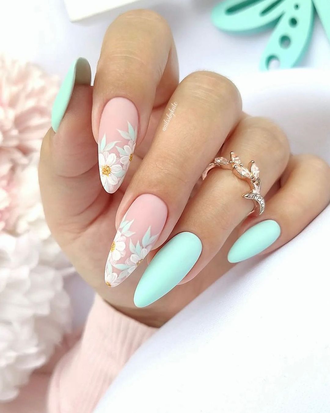 Long Almond Aqua Matte Nails with Floral Design