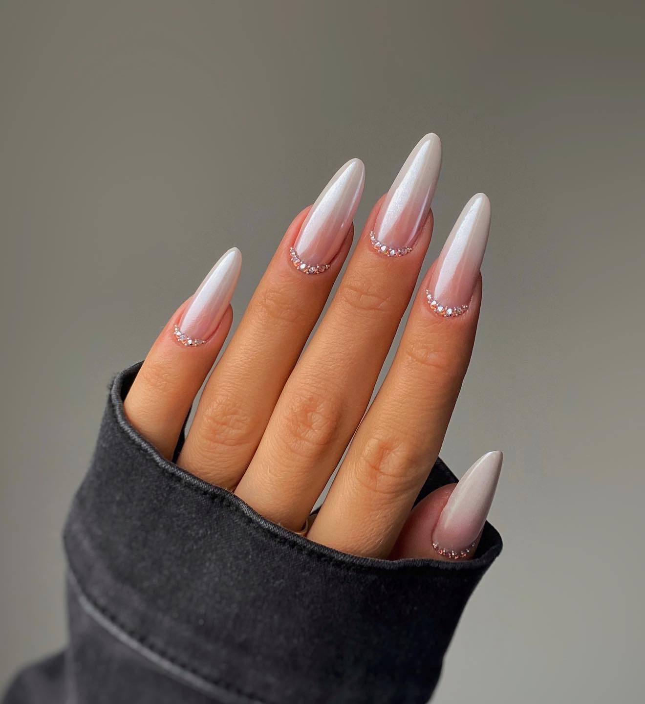 Long Nude Chrome Nails with Rhinestones