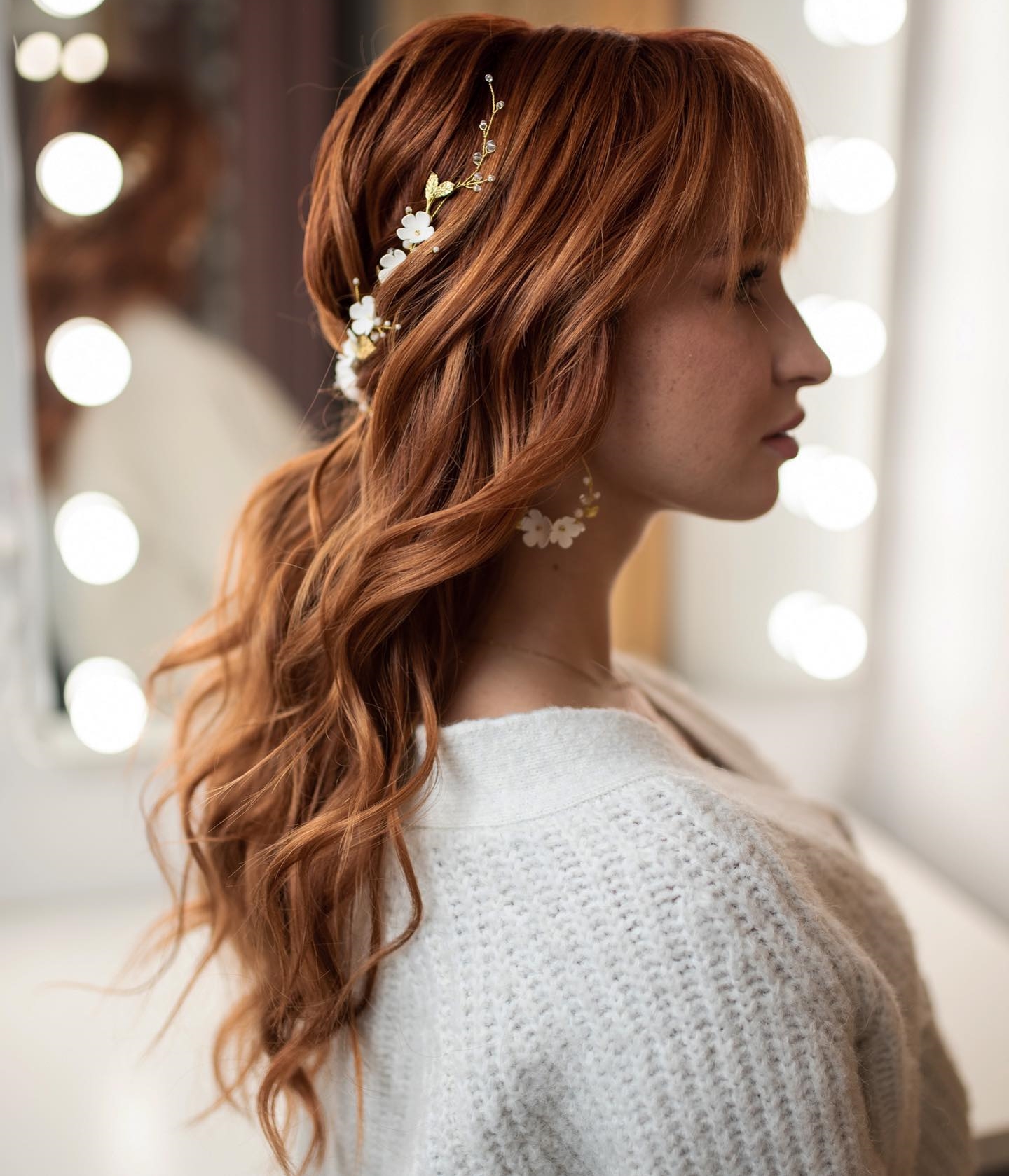 Long Red Bridal Hair with Bang and Floral Hair Decor