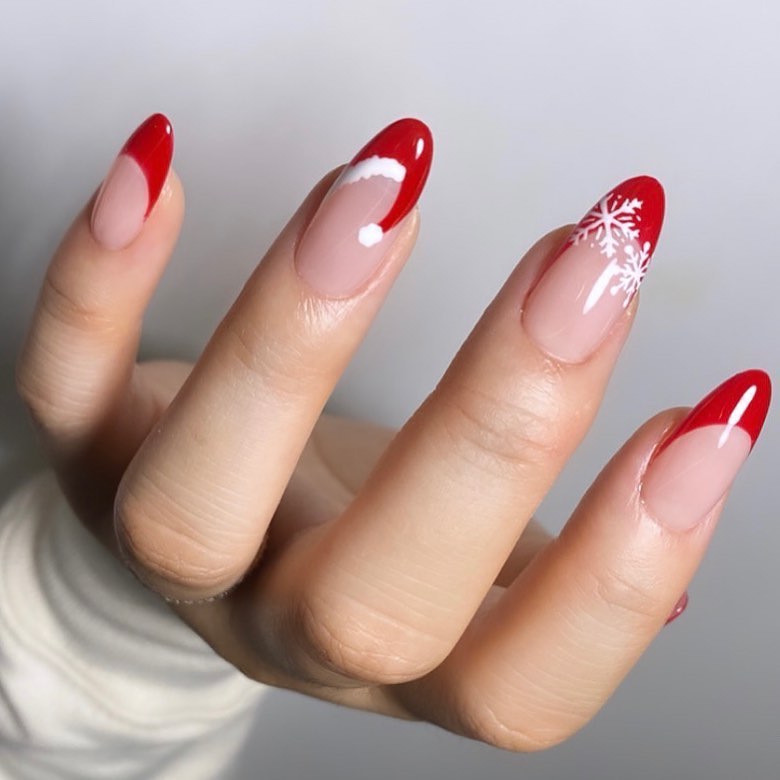 Red Tipped Christmas Nails with Santa Hat