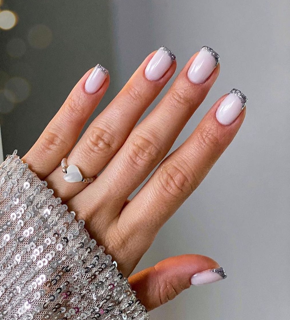 Short Square French Nails with Silver Glitter Tips
