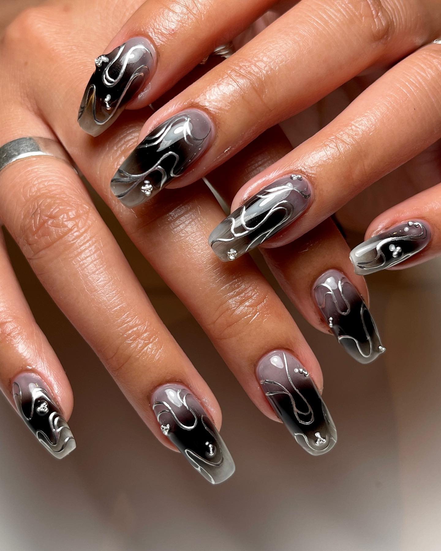 Black and Silver Chrome Ombre Nails