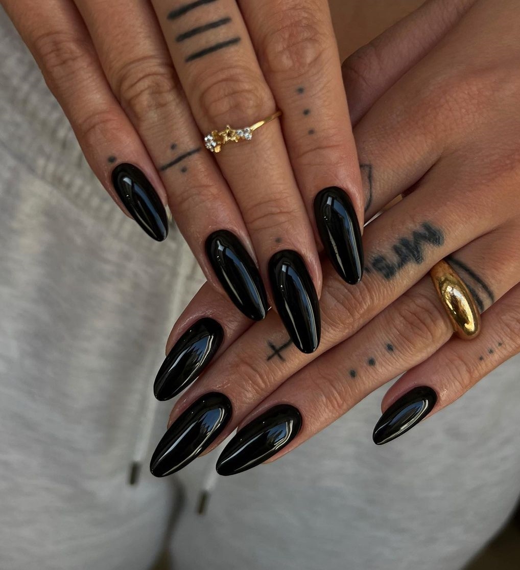 Long Round Black Chrome Nails