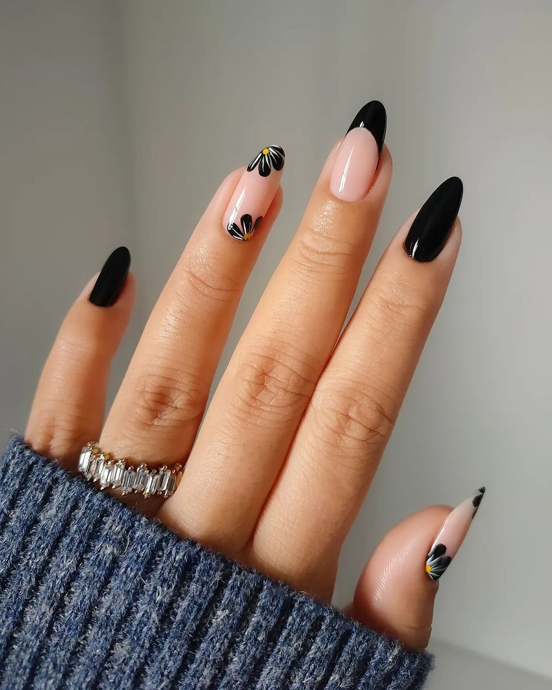 Black Almond Nails with Floral Design