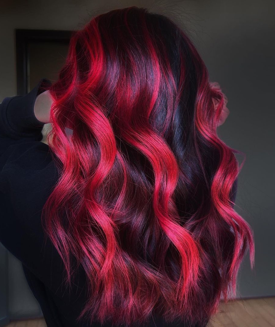 Black Hair with Bright red Highlights