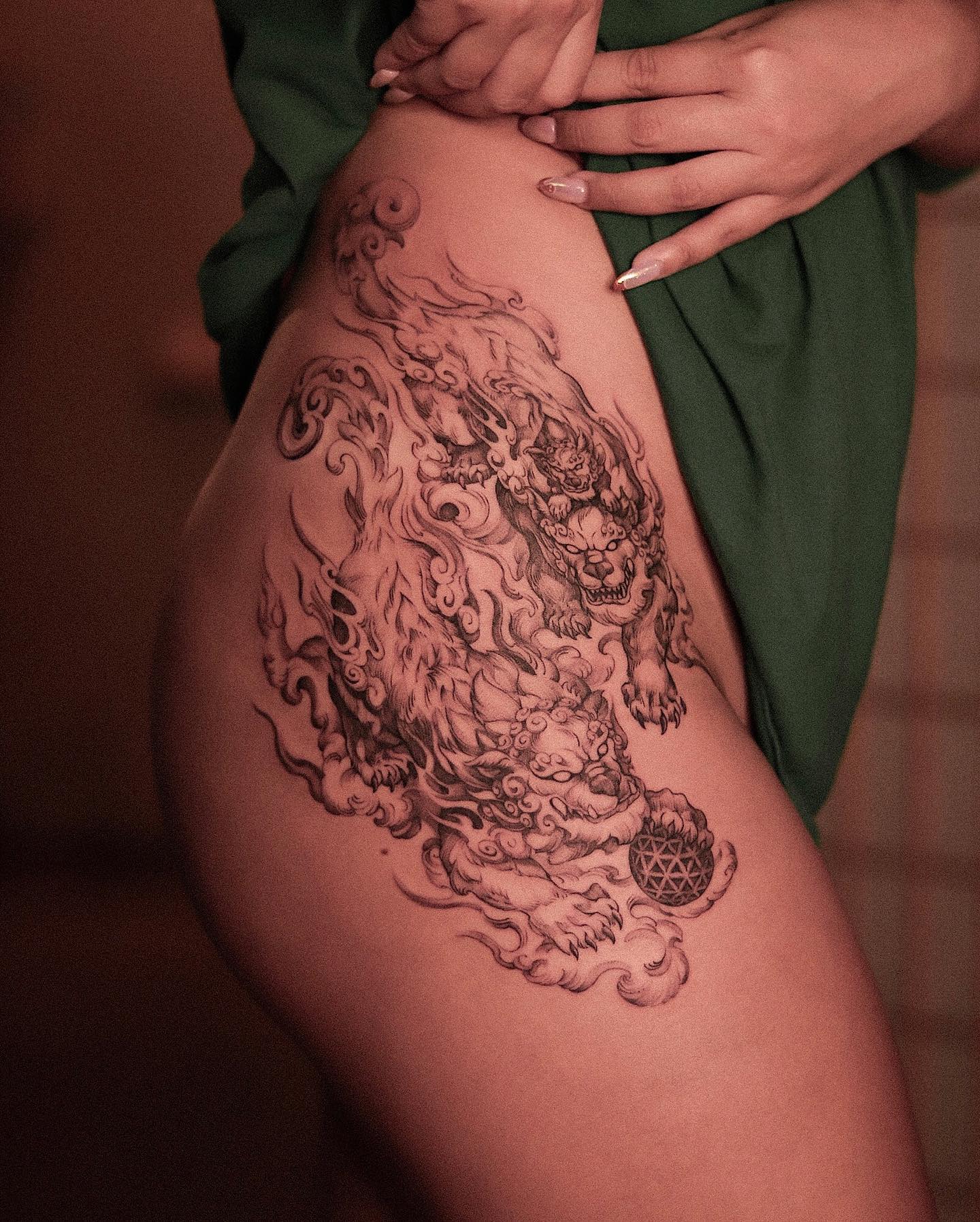 Chinese Lion Tattoo on Hip