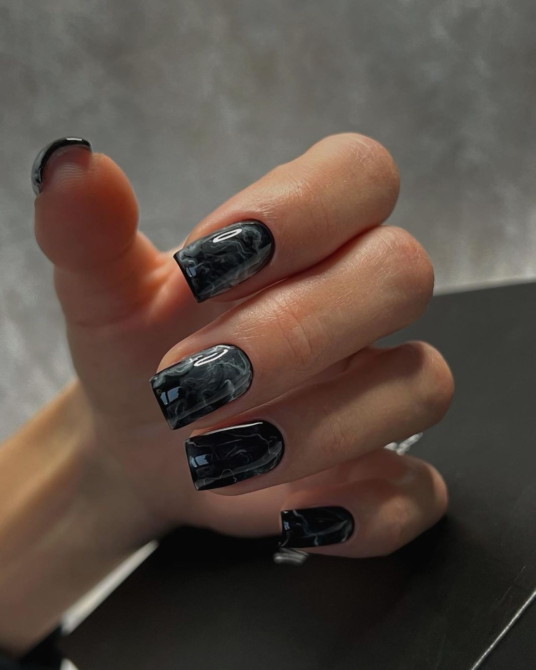 Classy Black Marble Short Nails