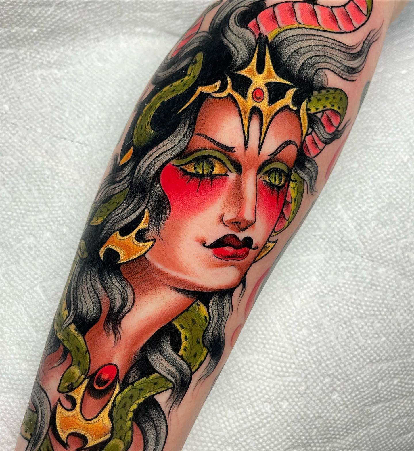 Colorful Medusa Tattoo on Leg