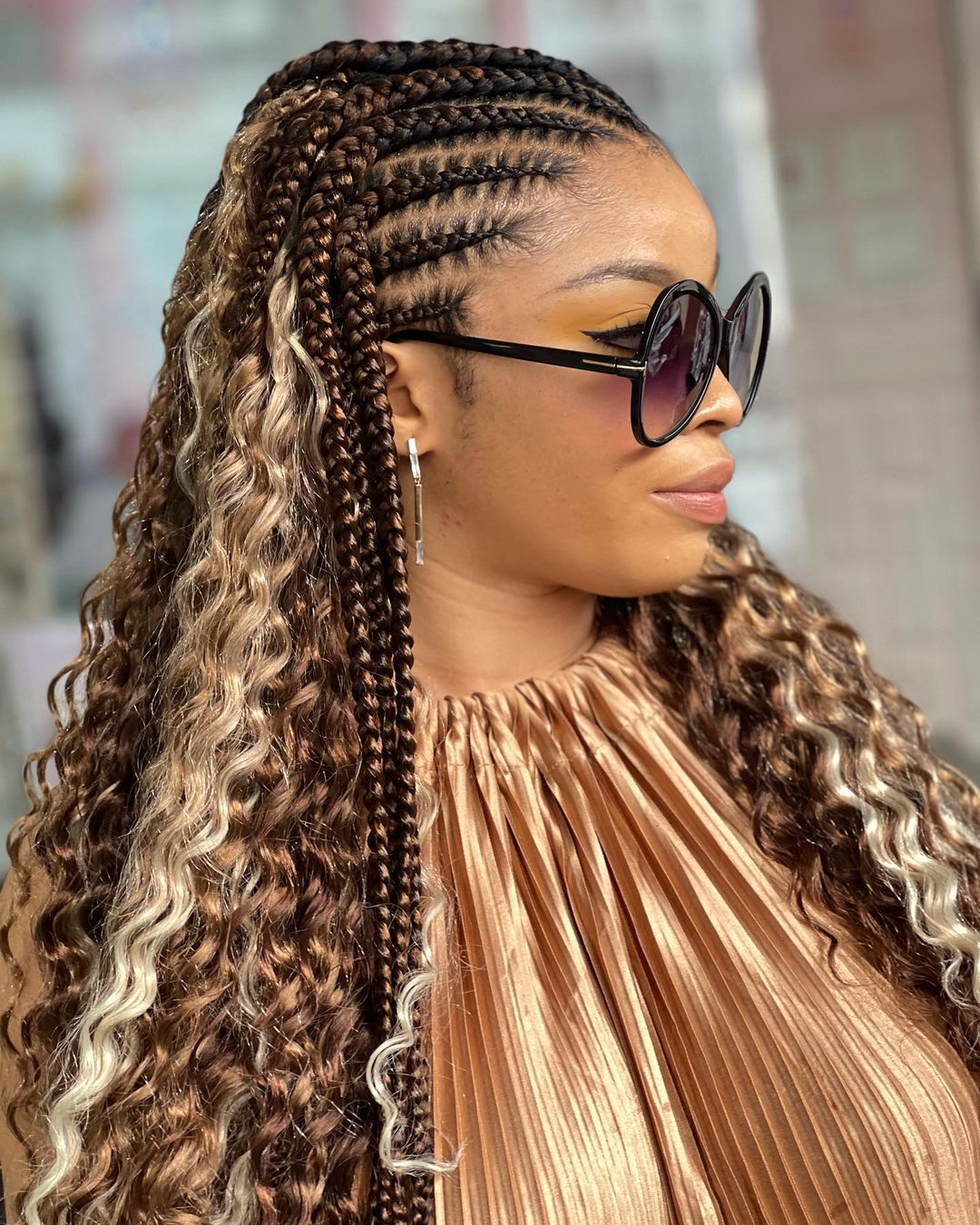 Goddess Stitch Braids on Long Hair with Highlights