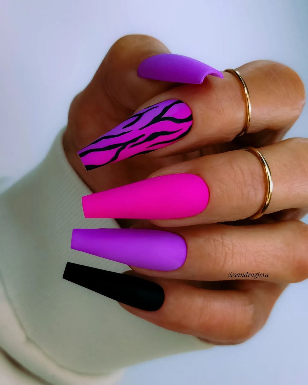 Long Coffin Pink and Purple Gel Nails