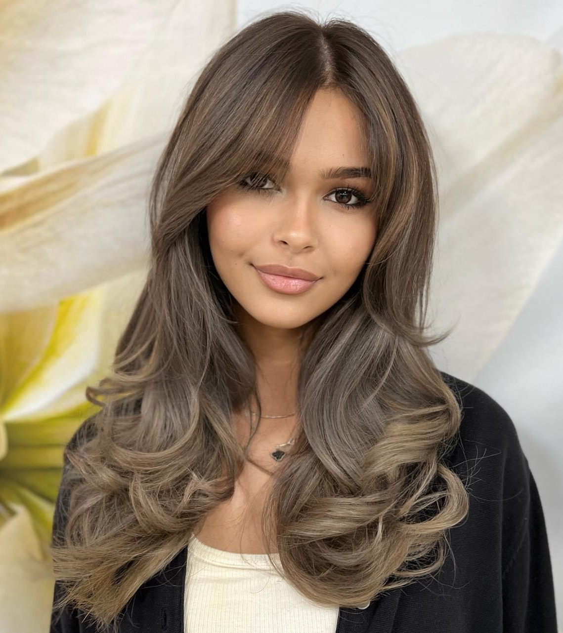 Long Haircut with Gray Balayage for Round Face