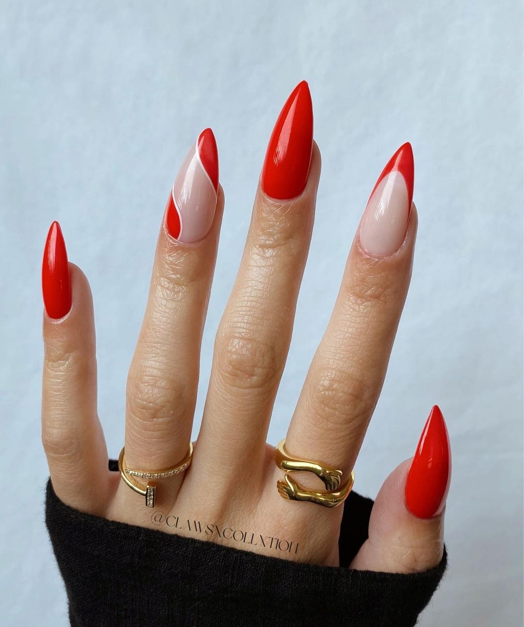 Long Red Stiletto Nails with French Tips