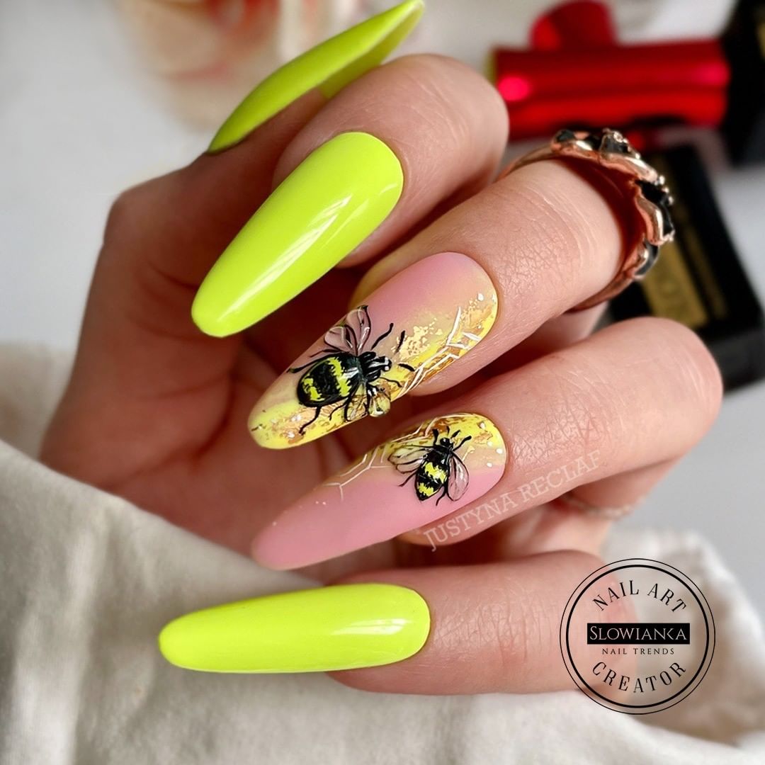 Long Round Yellow Neon Nails with Bees