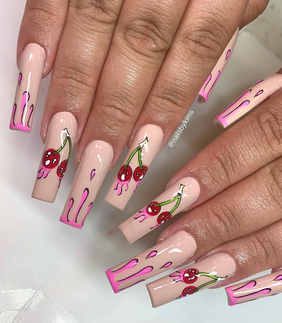 Long Square Pastel Pink Nails with Red Cherries