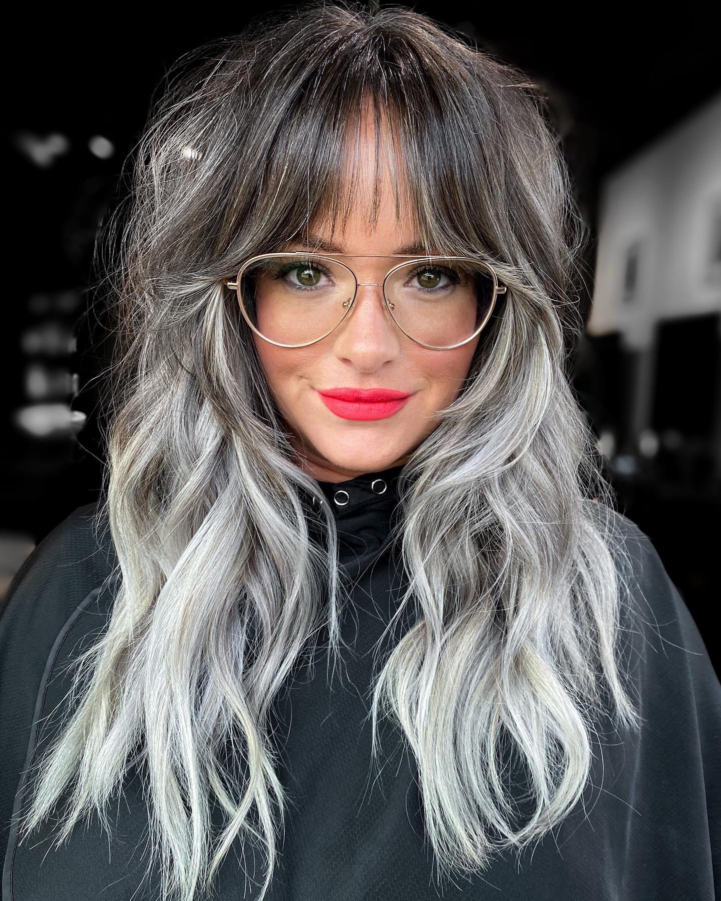 Long Wavy Cut with Bang and Gray Ombre Ends