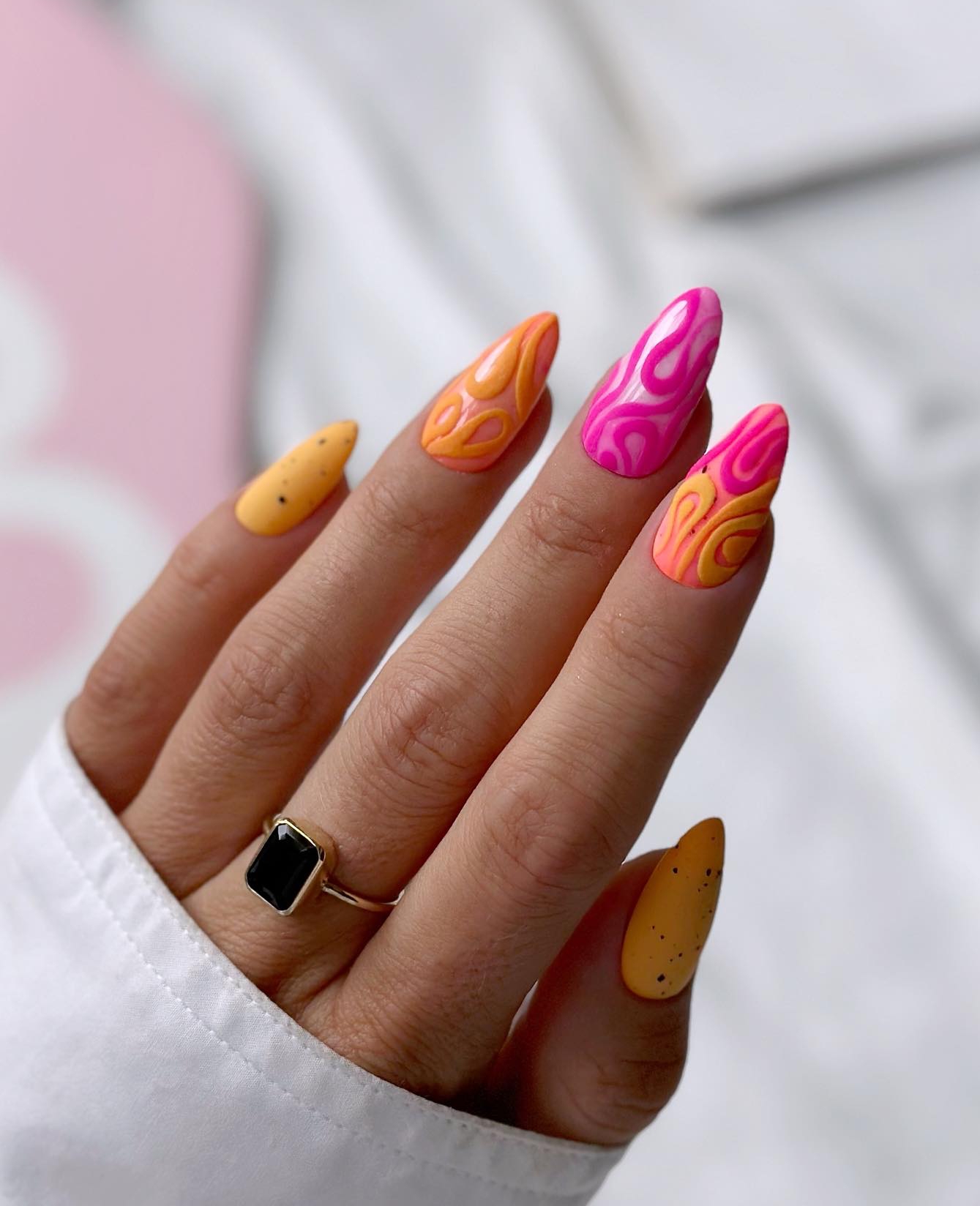 Pink and Orange Manicure with Swirl Design