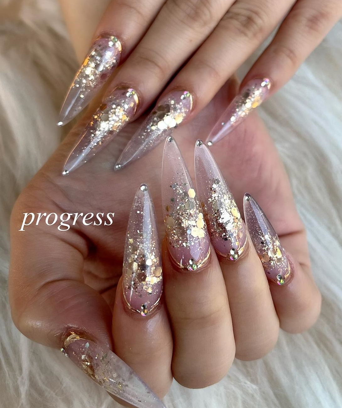 Pointy Clear Nails with Glitter