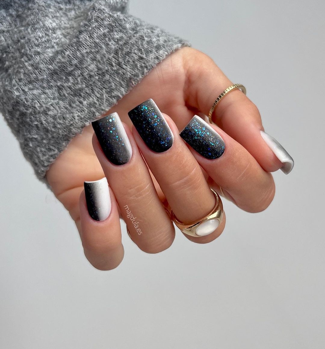 Short Square Black Glitter Nails