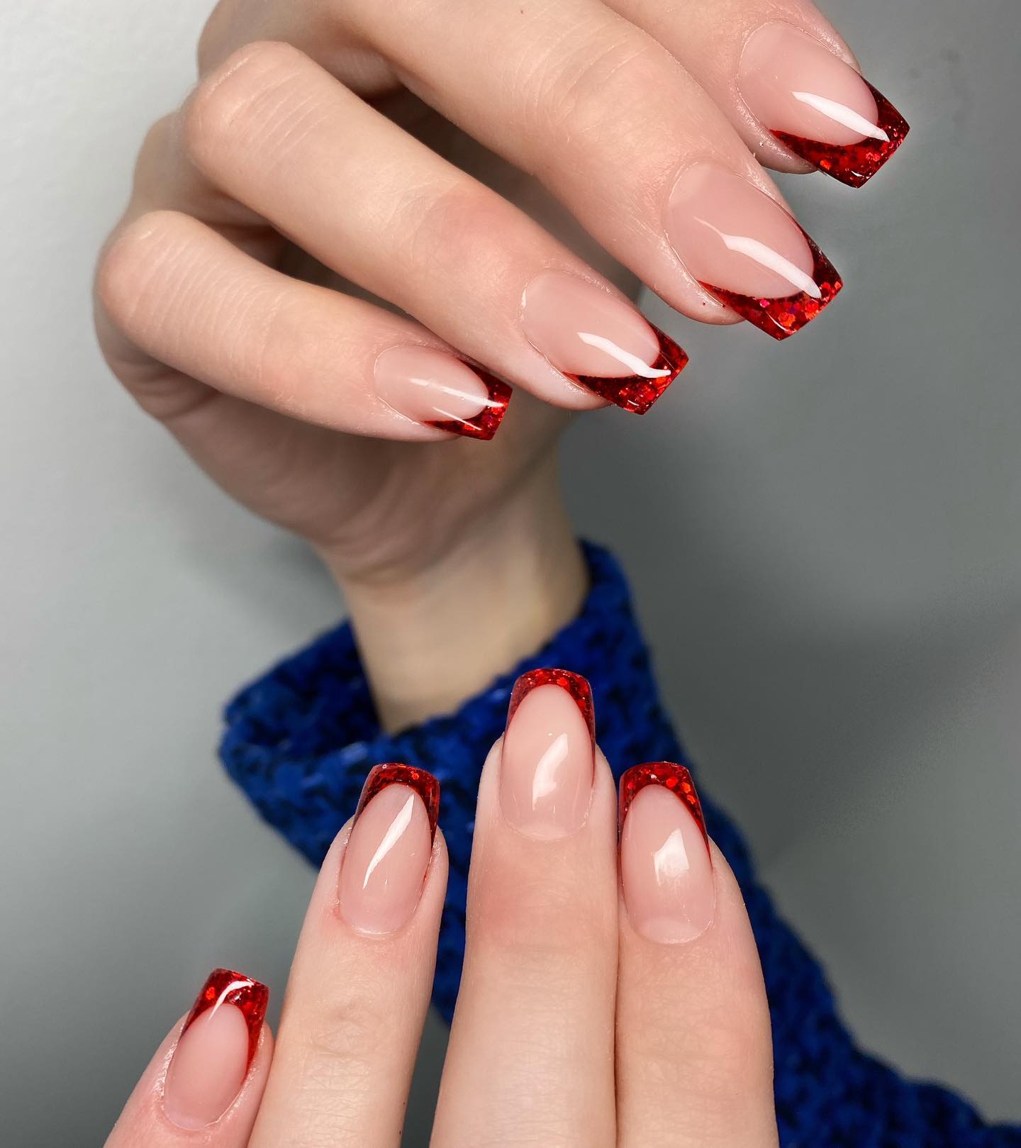 Short Square Nails with Sparkly Red Tips
