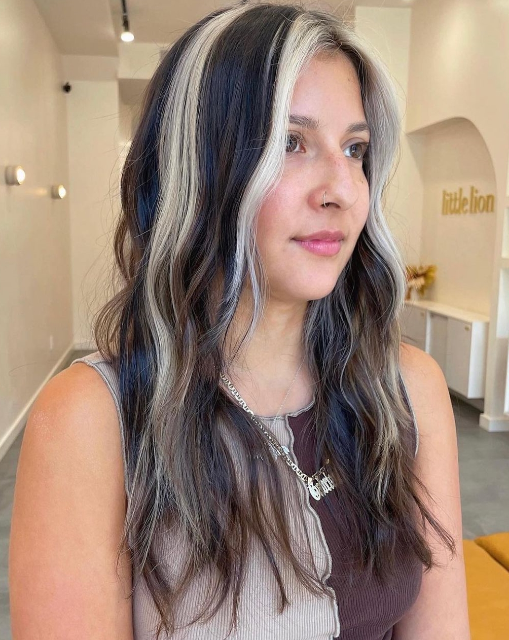 Skunk Blonde Stripes on Long Brown Hair