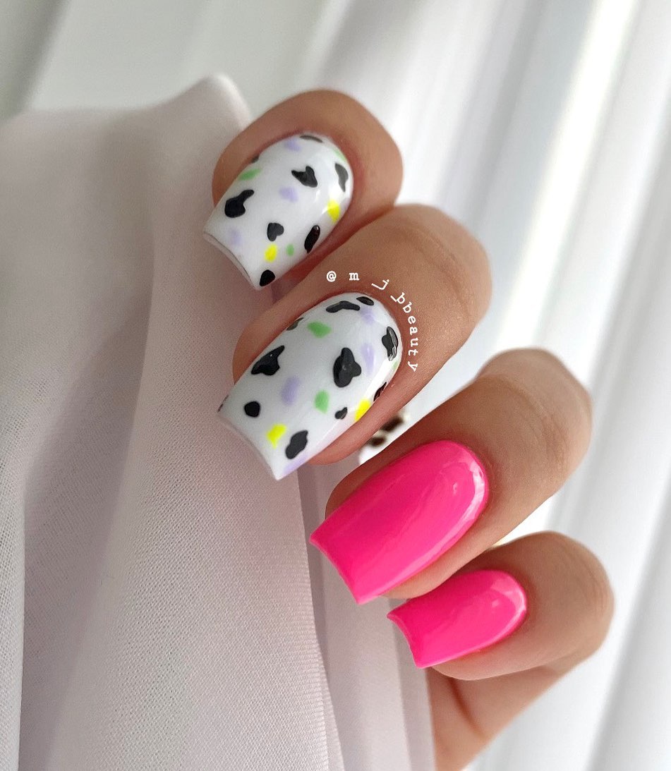 Square Pink Nails with Cow Print Design