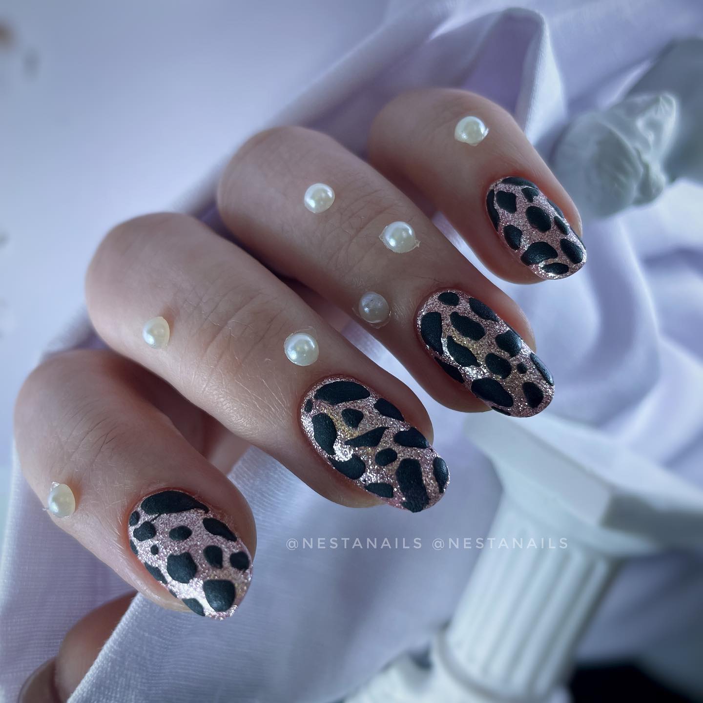 Almond Nails with Glitter Cow Print
