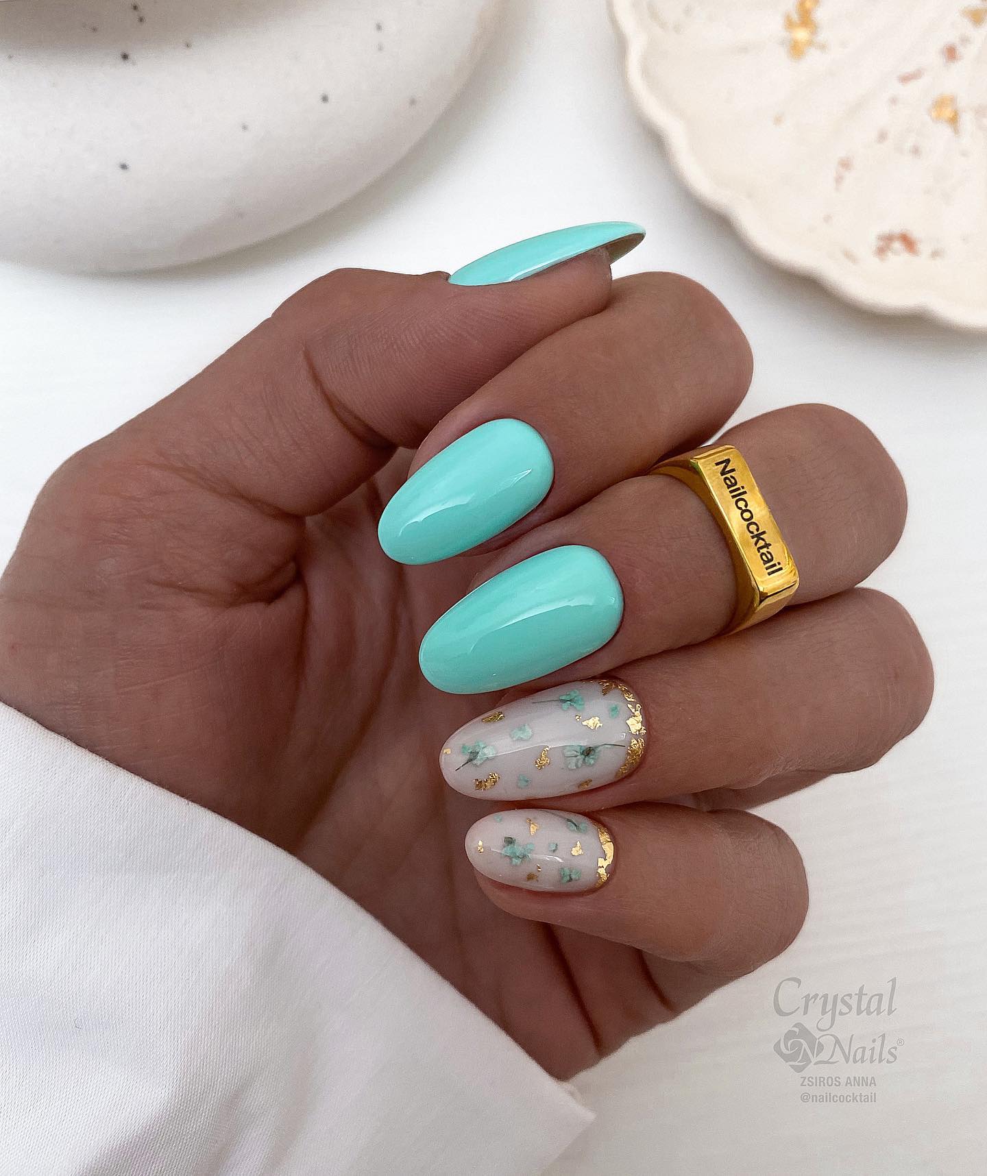 Short Tiffany Blue Nails with Floral Design