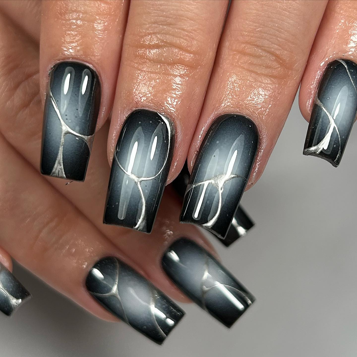 Square Black and Silver Chrome Nails