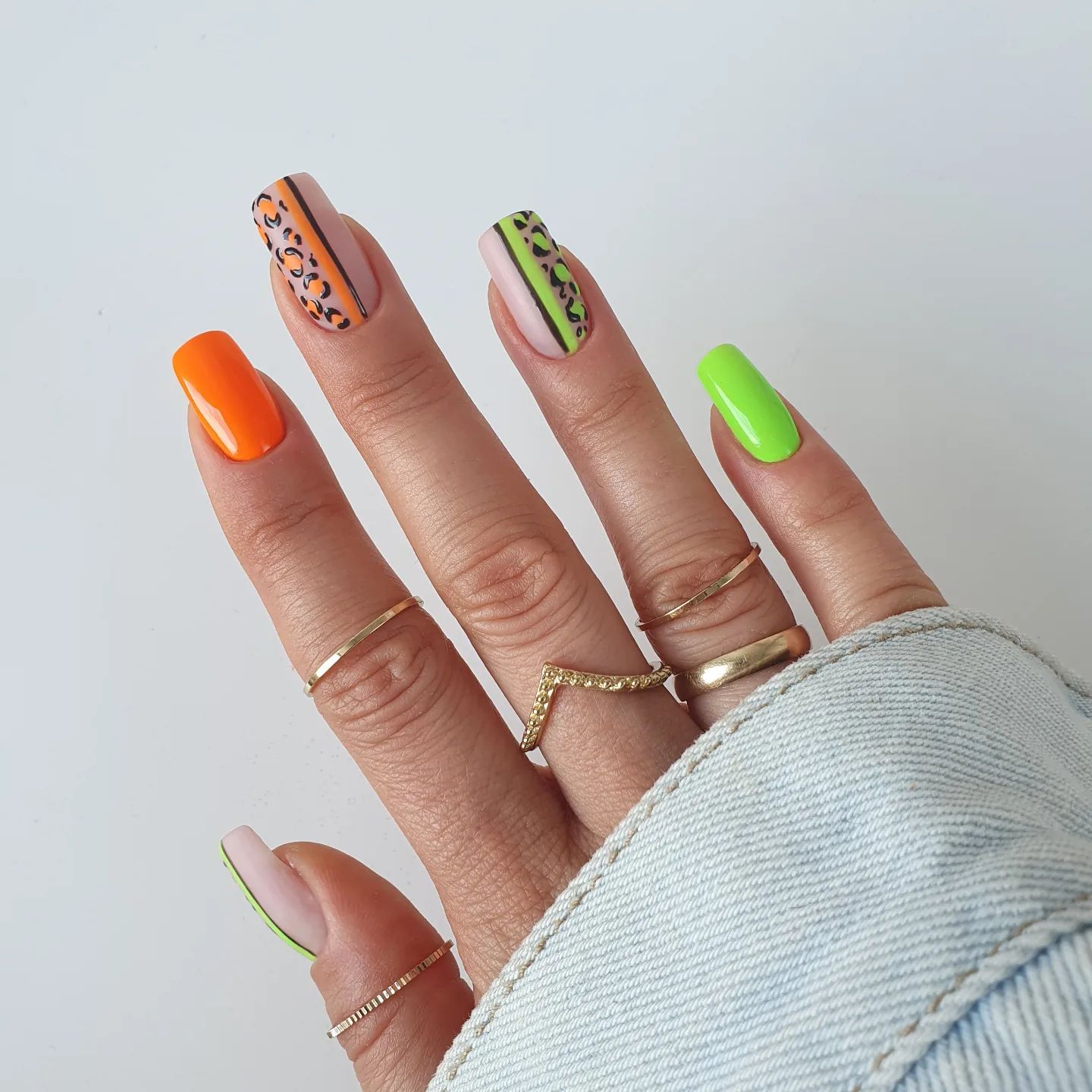 Square Neon Green and Orange Nails