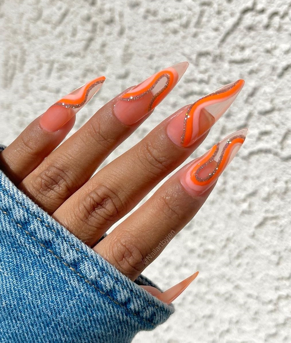 Stiletto Nails with Orange Lines