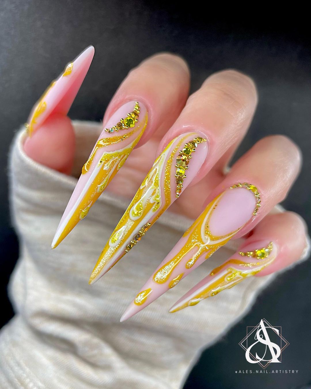 Long Yellow Stiletto Nails with Rhinestones