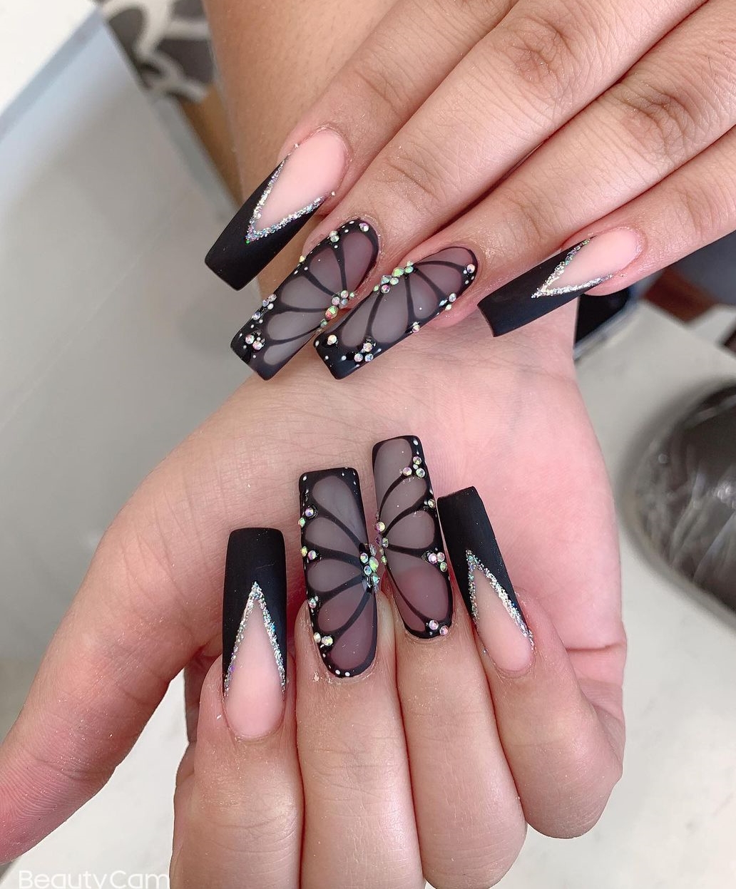 Square Black Nails with Butterfly Design